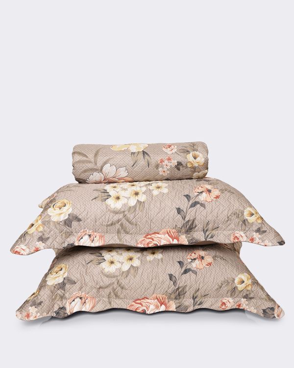 Kit Colcha Casal 3 Peças Plumagem Estampado Floral Marrom UN