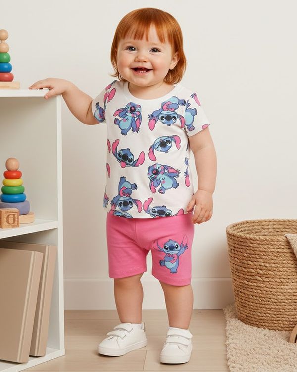 Conjunto Bebê Algodão Estampado Disney Stitch Off White M