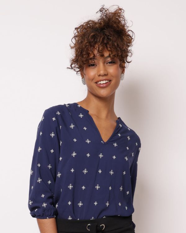 Bata Feminina Viscose Estampa Bordada Decote V Marinho M