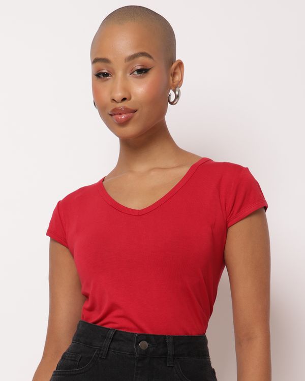 Blusa Feminina Manga Curta Decote V Básica Vermelha P