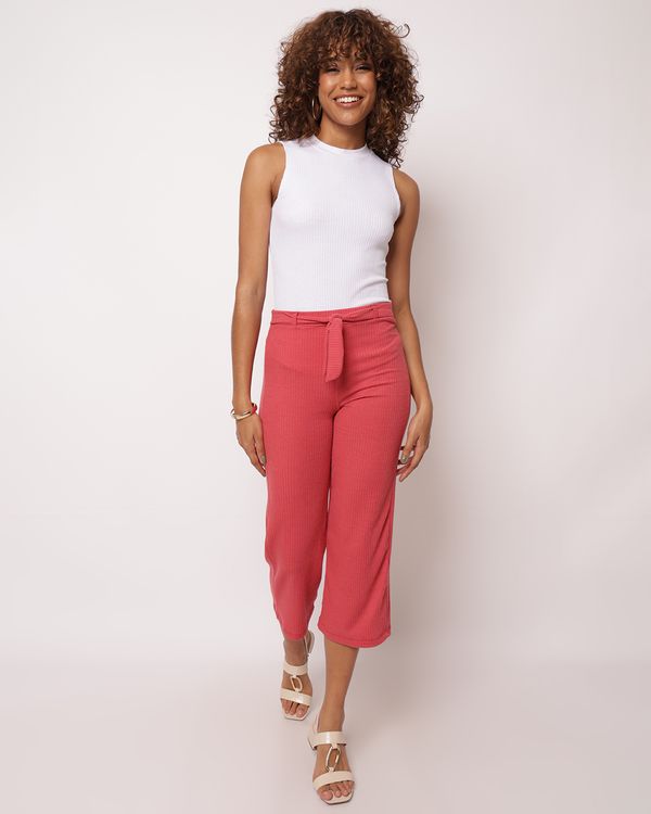 Calça Feminina Pantacourt Canelada Com Amarração Rosa G