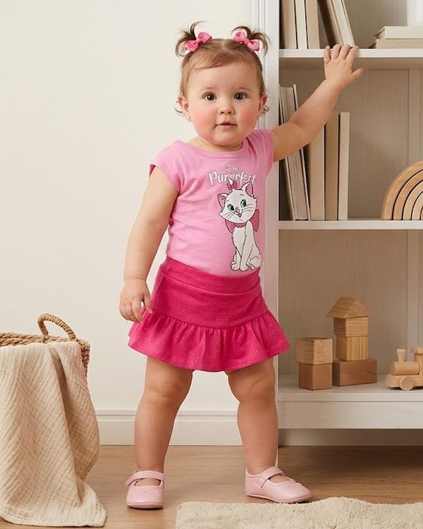 Conjunto Bebê Manga Curta Disney Estampa Marie Com Babado Rosa G