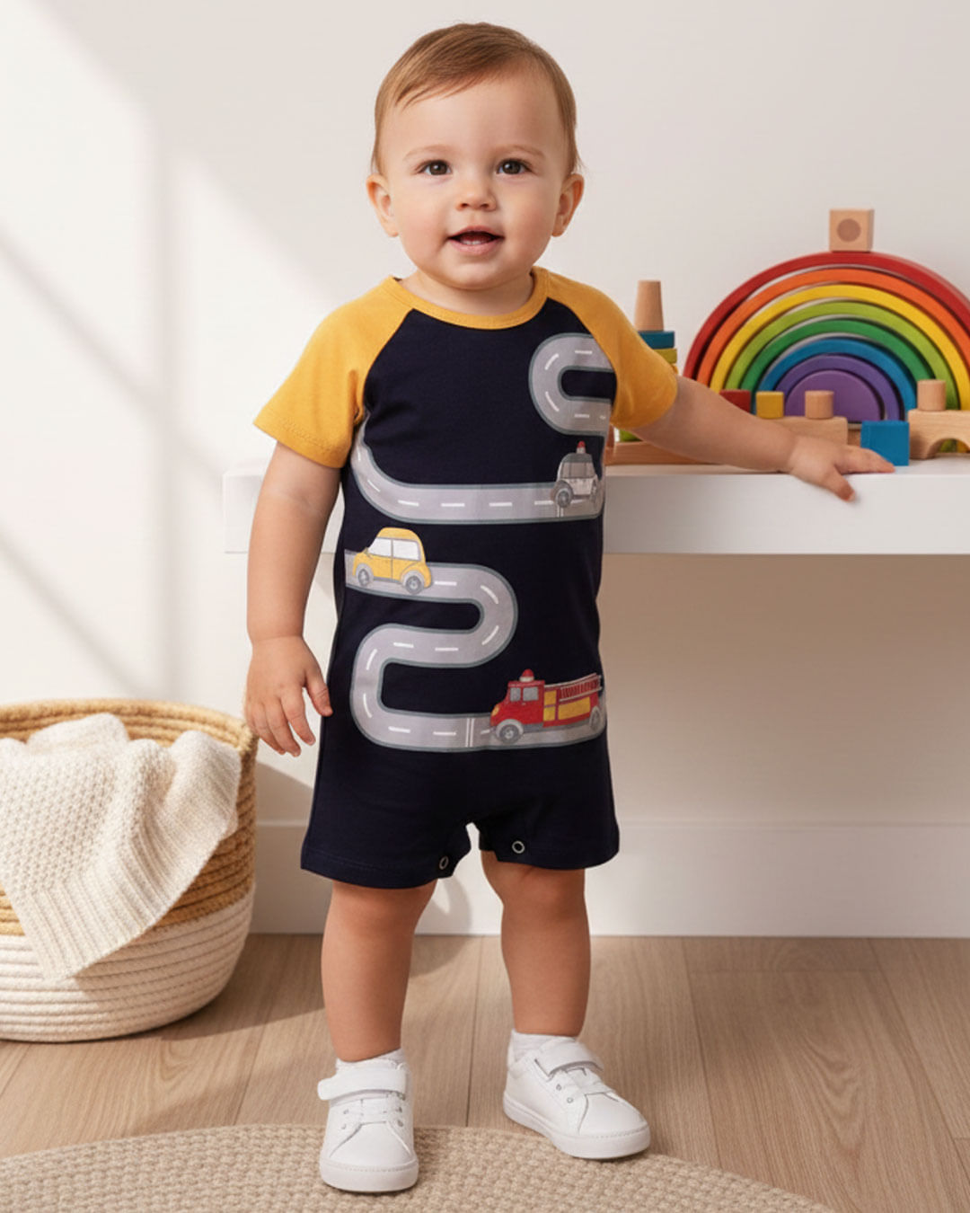 Macaquinho Bebê Estampa Interativa Raglan Marinho