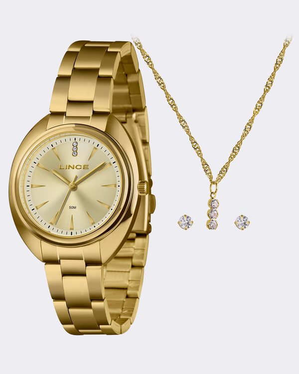 Kit Relógio Feminino Lince com Colar e Brinco Dourado UN
