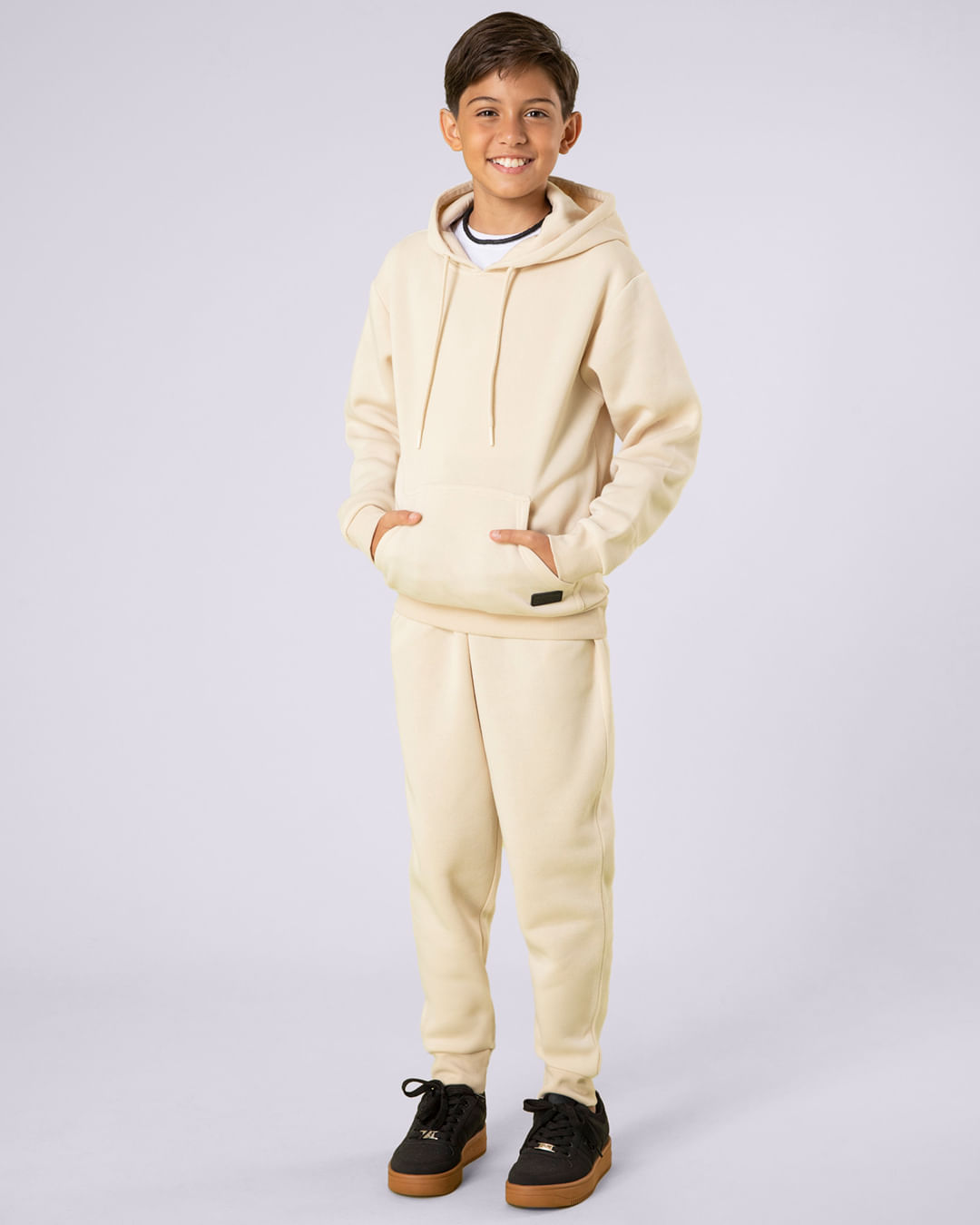 Calça Moletom Juvenil Jogger Bolsos Com Cordão Bege