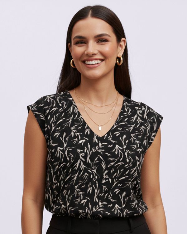 Blusa Feminina Berry & Co. Viscose Manga Curta Estampada Preta P