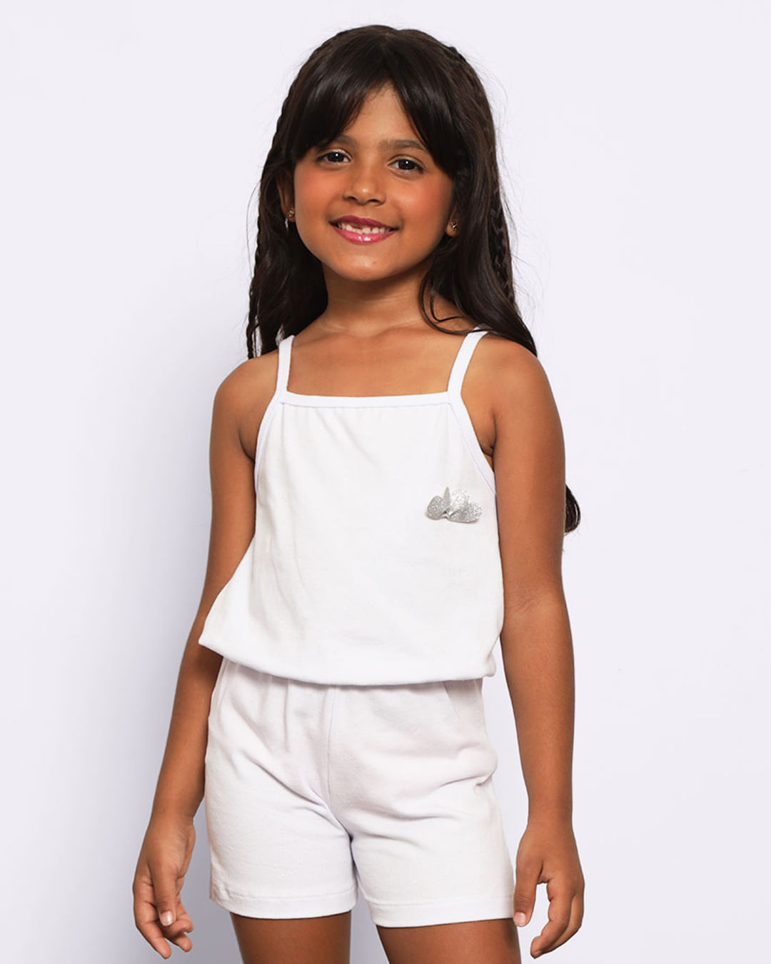 Macaquinho infantil Curto com Glitter Aplicação com Glítter Branco