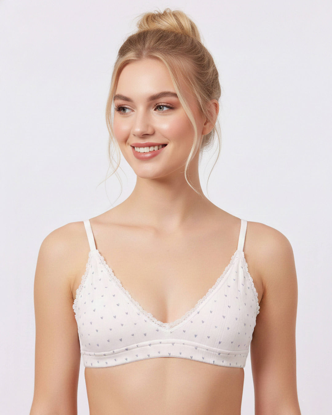 Sutiã Top Feminino Estampado Corações com Alça Ajustável Branco
