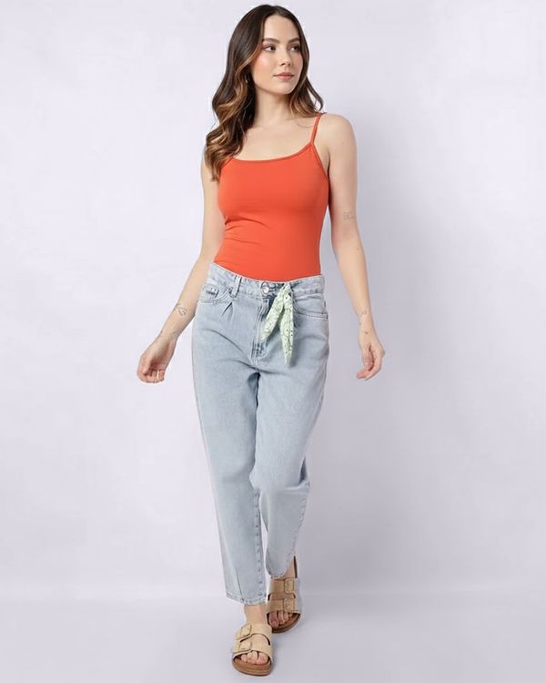 Calça Jeans Feminina Mom com Bolsos Lenço Azul 34