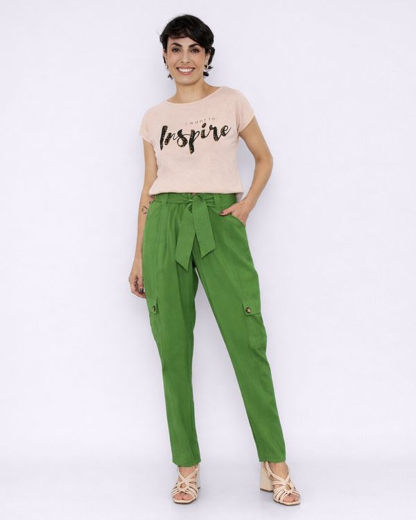 Calça Feminina Viscose Reta Bolso Cargo Com Amarração Verde P