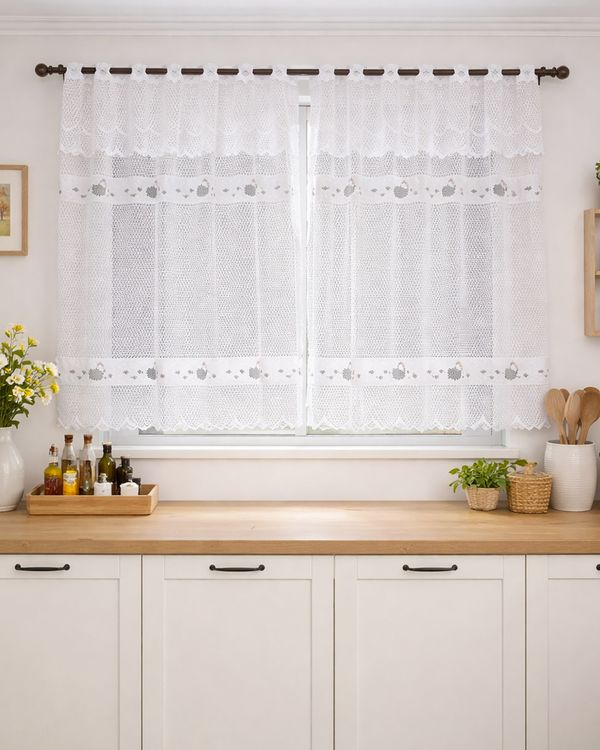 Cortina de Renda Cozinha 220cm x 120cm com Estampa Branca UN