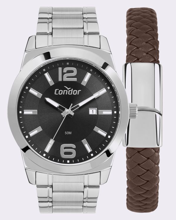 Kit Relógio Condor Masculino Dia A Dia Prateado com Pulseira UN