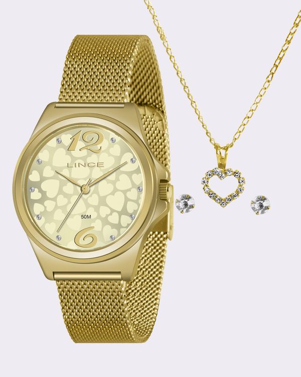 Kit Relógio Feminino Lince com Colar e Brinco Dourado UN