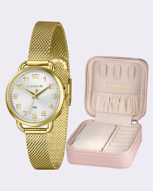 Kit Relógio Feminino Lince Porta Jóias Dourado UN