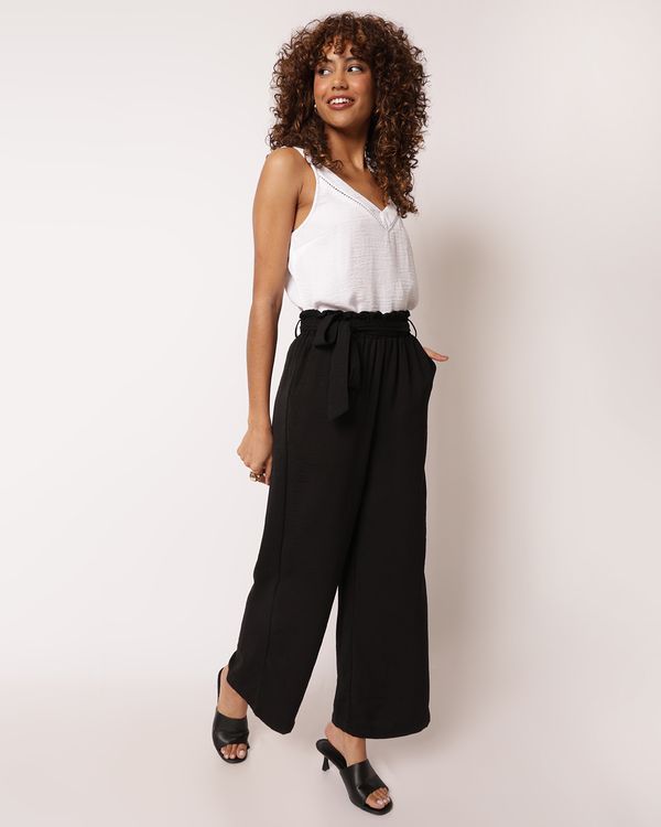 Calça Feminina Pantalona Texturizada Faixas Para Amarração Preta G