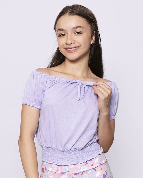 Blusa Juvenil Cropped Manga Curta Com Lastex Lilás 14