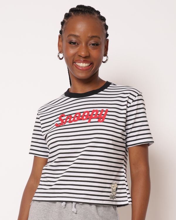 Camiseta Cropped Feminina Snoopy Manga Curta Listrada Preto PP