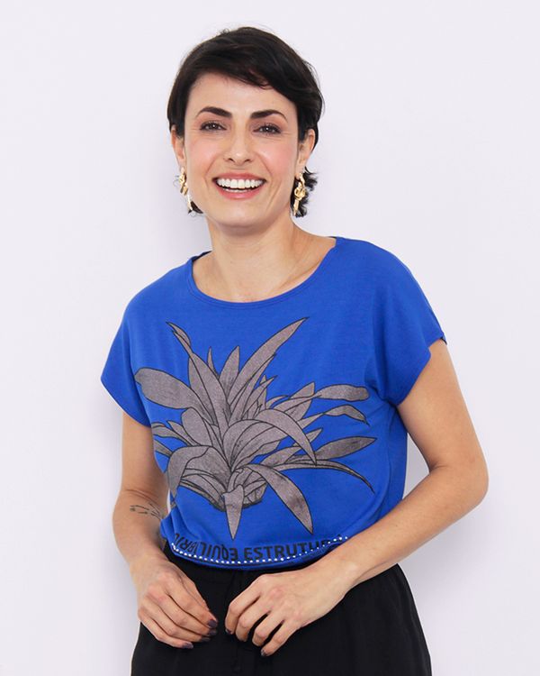 Blusa Feminina Manga Curta Estampa Azul G