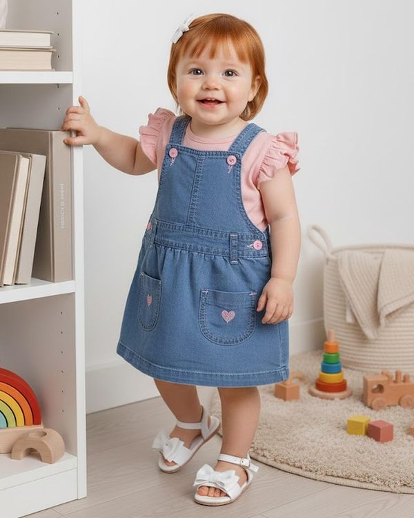 Salopete Jeans Bebê Curta Bordado Corações Com Bolsos Azul P