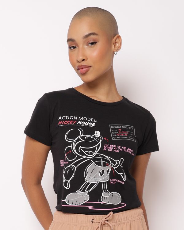 Camiseta Feminina Algodão Disney Mickey Manga Curta Preta XG