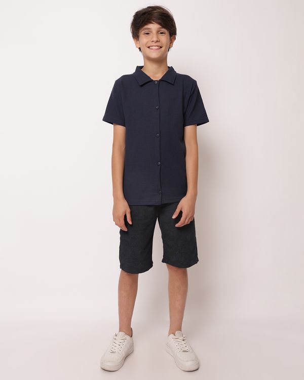 Bermuda Sarja Juvenil Reta com Cordão Estampada Folhas Marinho 12
