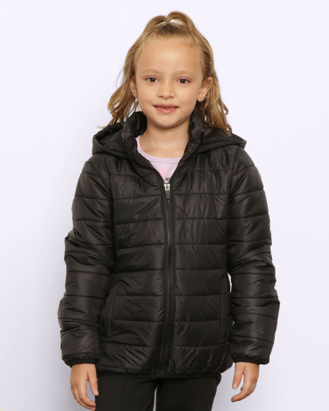 Jaqueta Infantil Puffer Bolsos com Capuz Preta