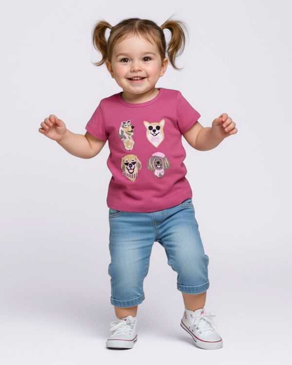 Camiseta Bebê Algodão Estampa Cachorrinhos Manga Curta Rosa 3
