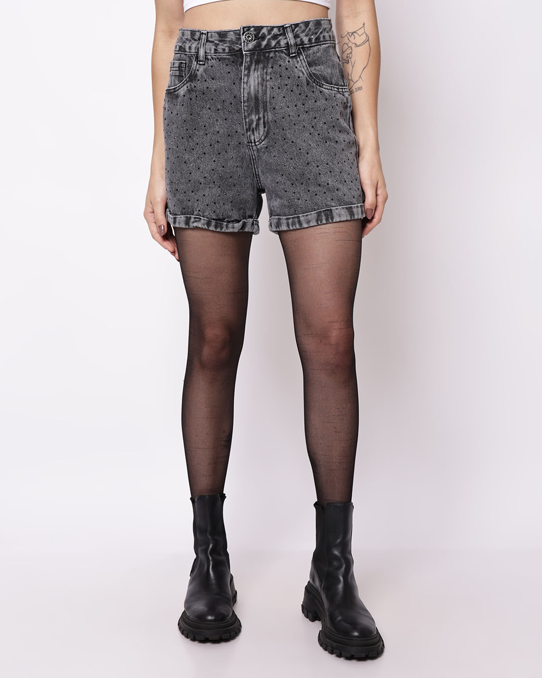 Shorts-Black-Jeans-Mom-Marmorizado-Brilh---Jeans-Black