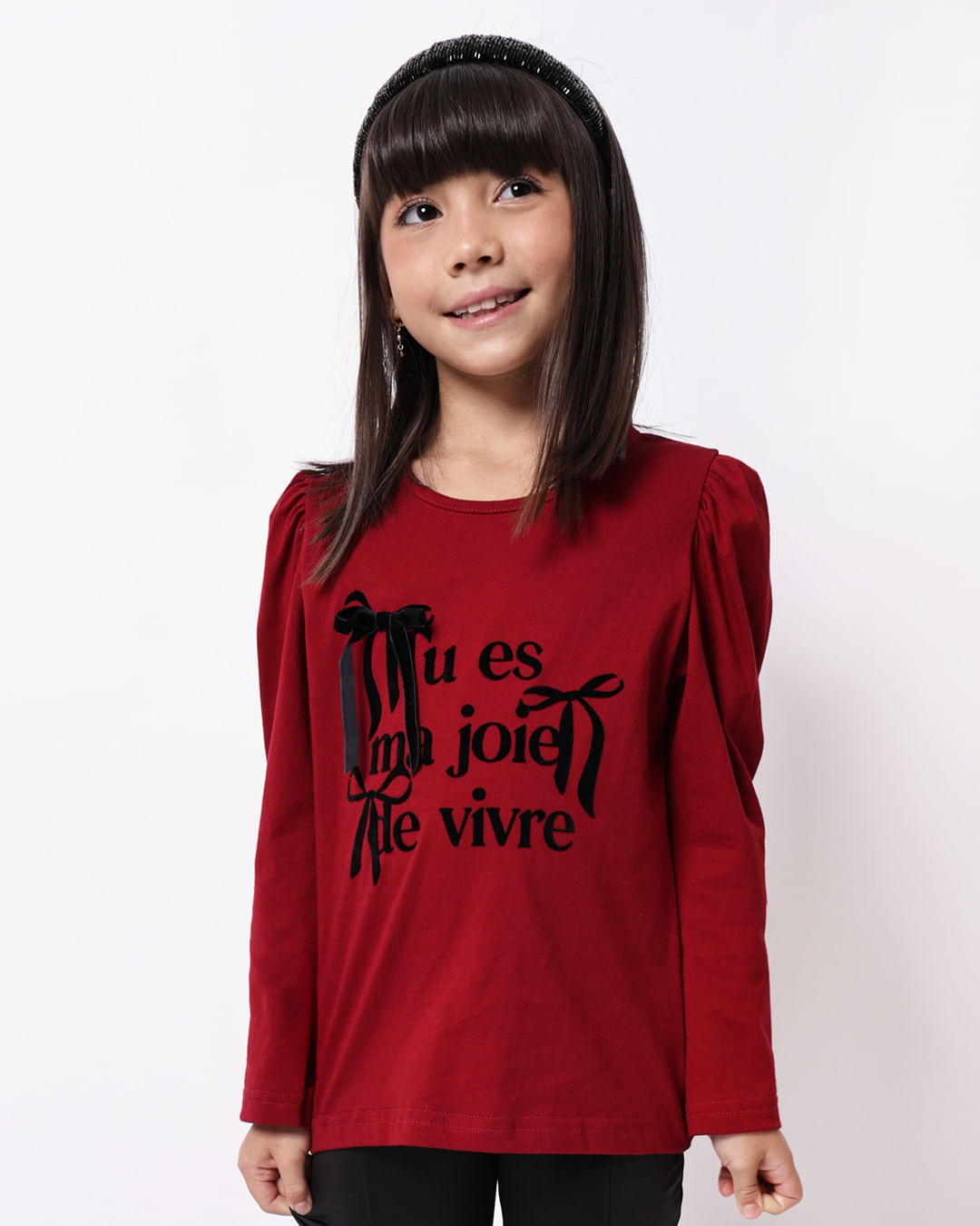 Blusa Infantil Algodão Manga Bufante Laço Hiperativo Vinho