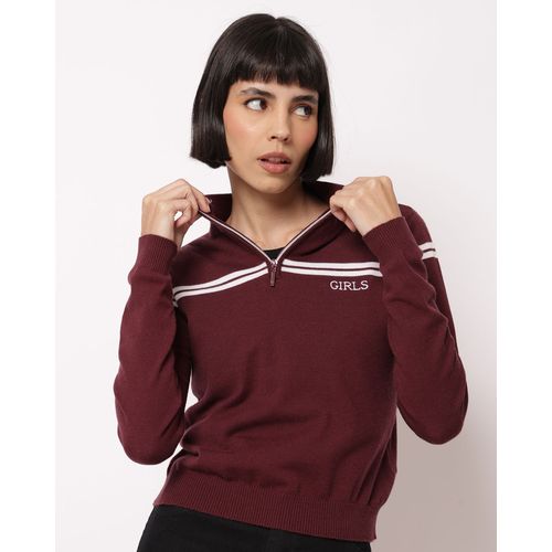 Suéter Feminino Tricô com Zíper Bordado Girls Vinho