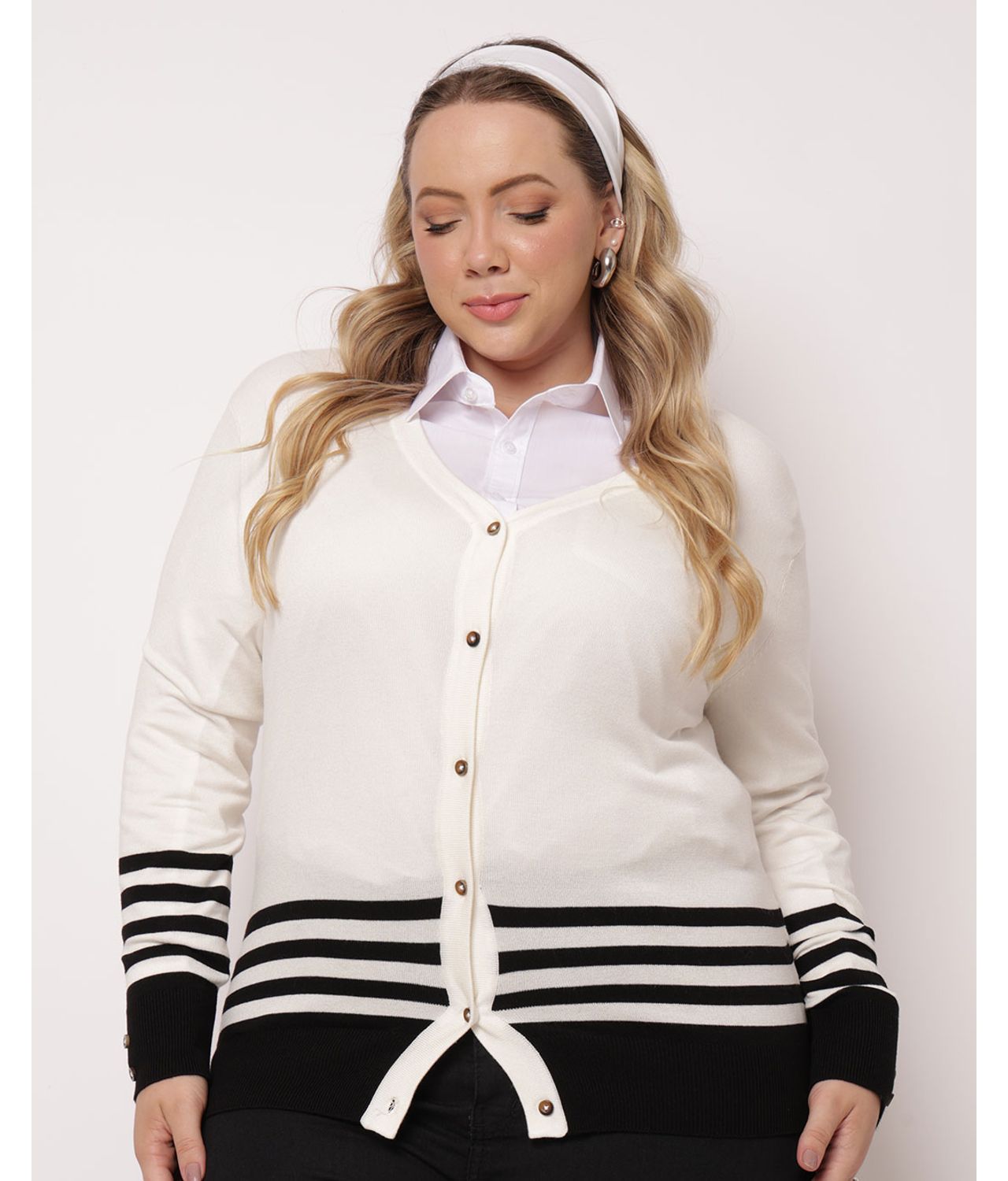 Cardigan Plus Size Feminino Tricô Manga Longa Com Botões Preto