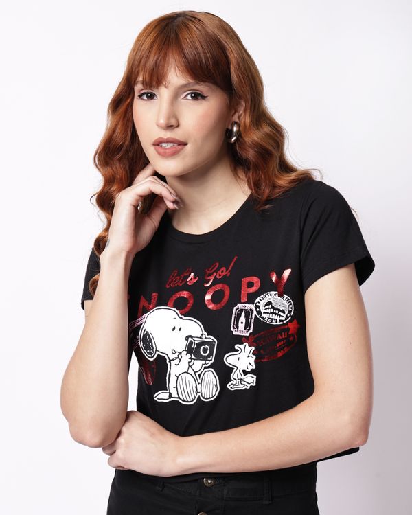Camiseta Feminina Cropped Algodão Estampa Snoopy Preta P