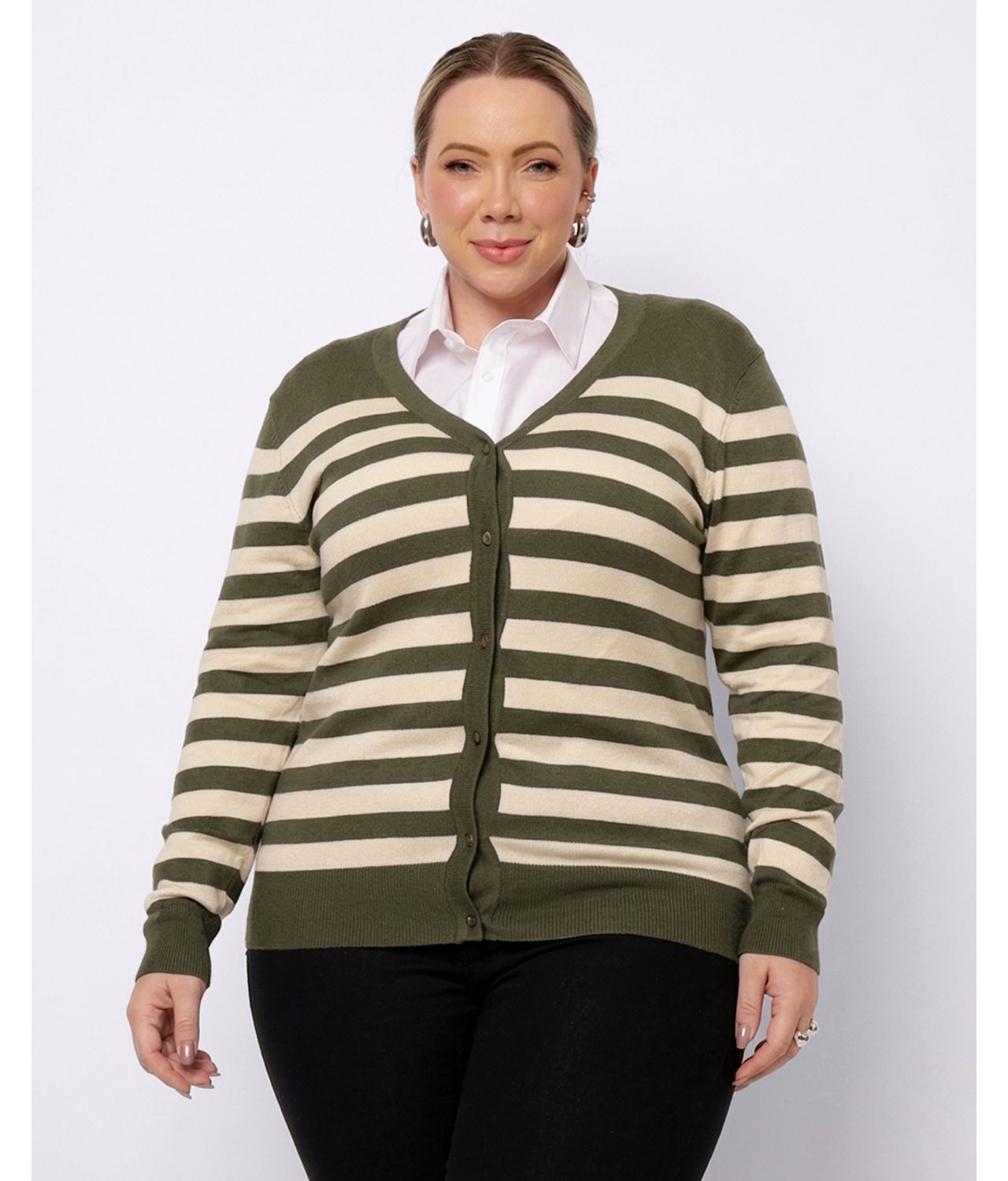 Cardigan Plus Size Feminino Tricô Manga Longa Com Botões Preto