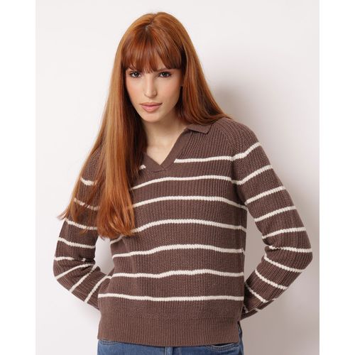 Suéter Feminino Tricô Gola Polo Listrado Marrom