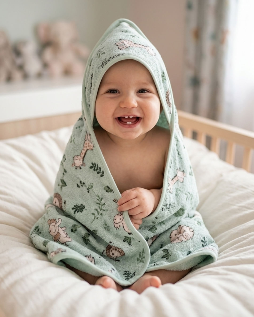 Toalha de Banho Bebê com Capuz e Forro Fralda Estampado Verde