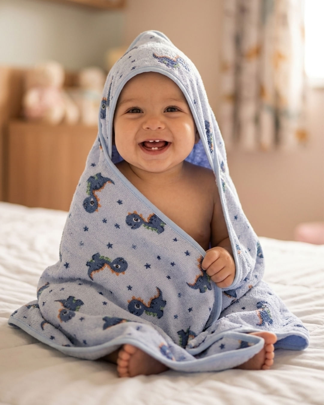 Toalha de Banho Bebê com Capuz e Forro Fralda Dino Azul