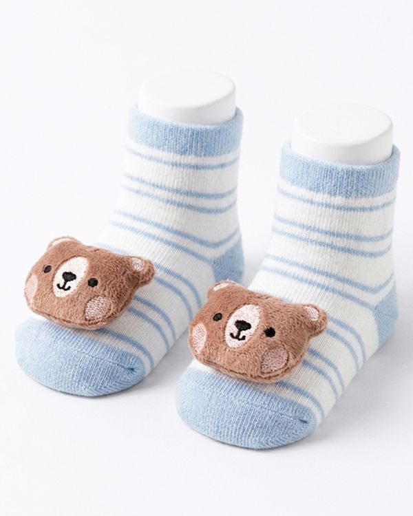 Meia Bebê Cano Baixo Estampa Interativa Urso Listrada Branca 6 A 12