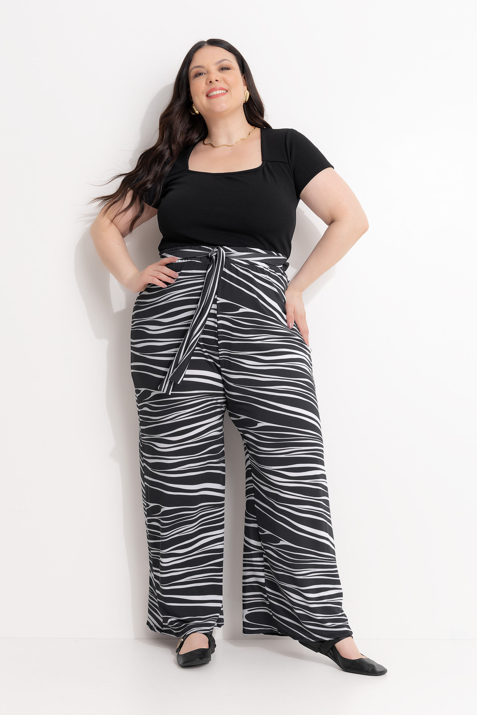 Calça em Malha com Elastano Estampa Zebra Preta
