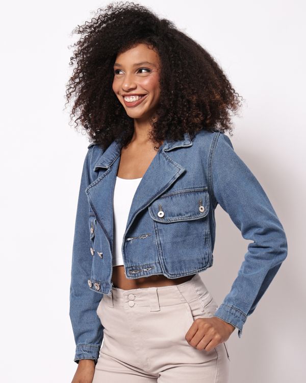 Jaqueta Jeans Feminina Biotipo Cropped com Bolsos Azul GG