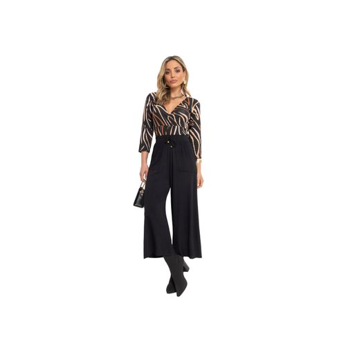 Calça Pantalona Cropped em Viscose com Amarração Preta