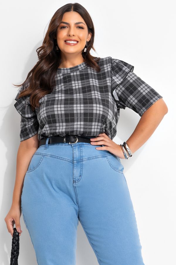 Blusa Xadrez com Babados em Malha Cinza G