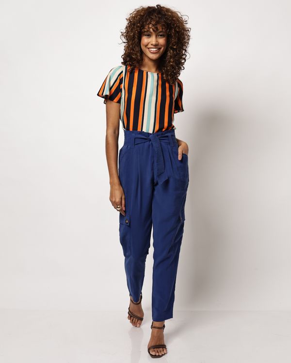 Calça Feminina Poliviscose Cargo Amarração Azul M