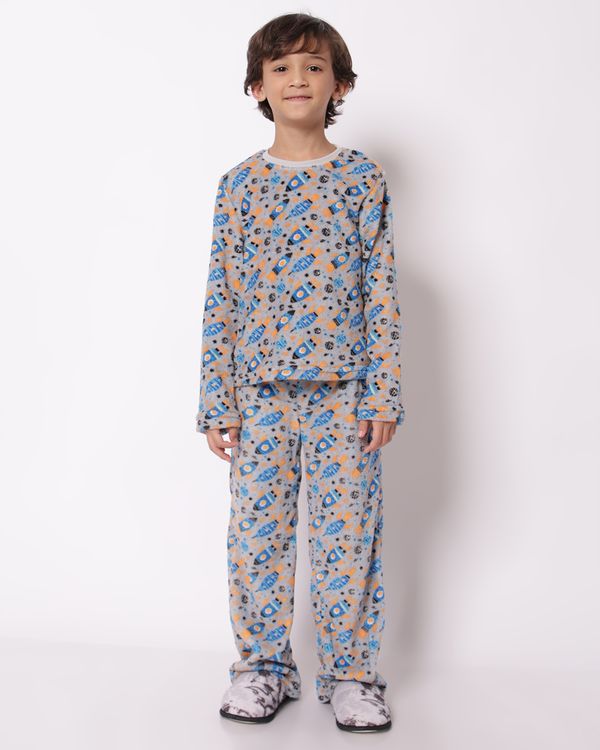 Pijama Longo Infantil Soft Estampa Foguete Cinza 10