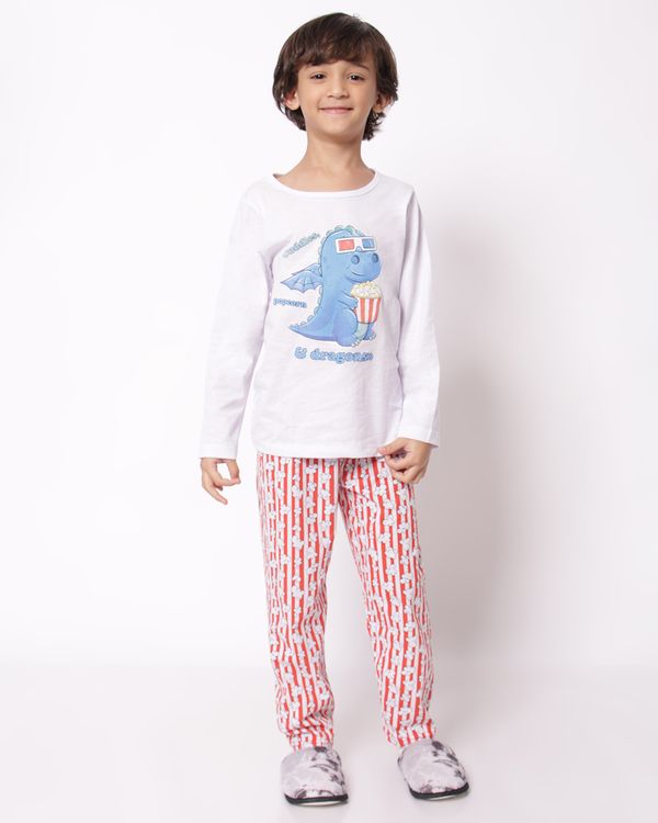 Pijama Infantil Longo Estampa Dino Pipoca Branco 10