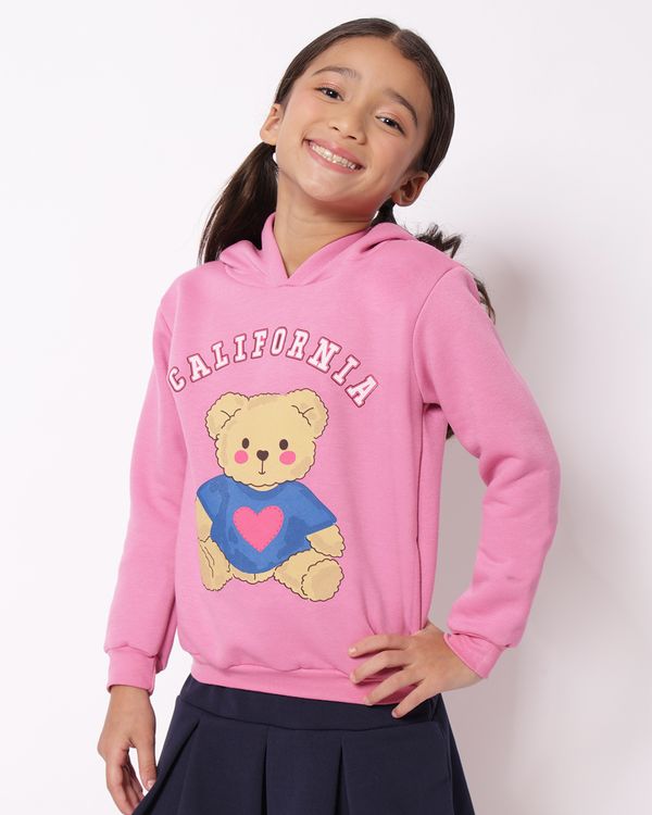 Blusão Moletom Infantil com Capuz Estampa Urso Rosa 6