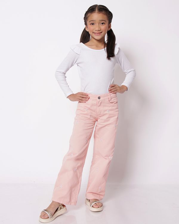 Calça Sarja Infantil Wide Leg Bordado Florzinhas Rosa 8