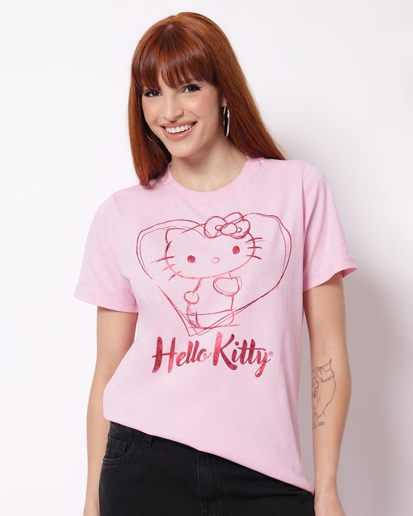 Camiseta Feminina Oversized Algodão Hello Kitty Rosa P