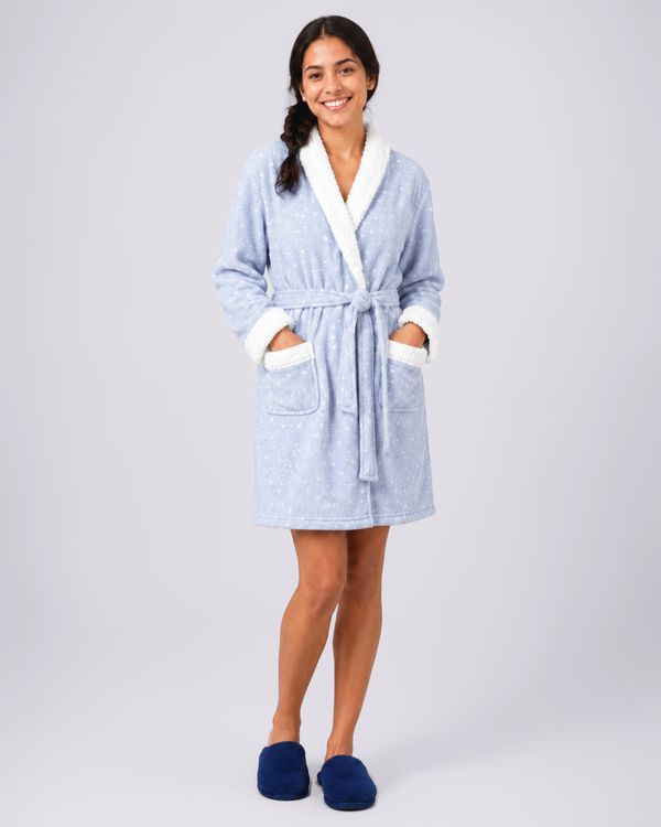 Roupão Kimono Plumagem com Sherpa Estampa Poa Azul PP