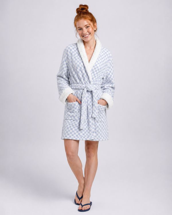Roupão Kimono Plumagem com Sherpa Estampa Xadrez Azul P