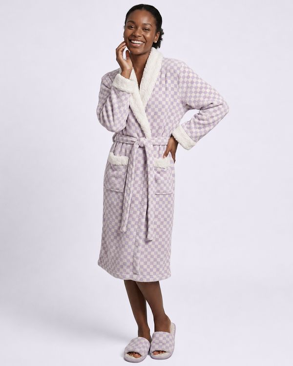 Roupão Kimono Plumagem com Sherpa Estampa Xadrez Lilás XG